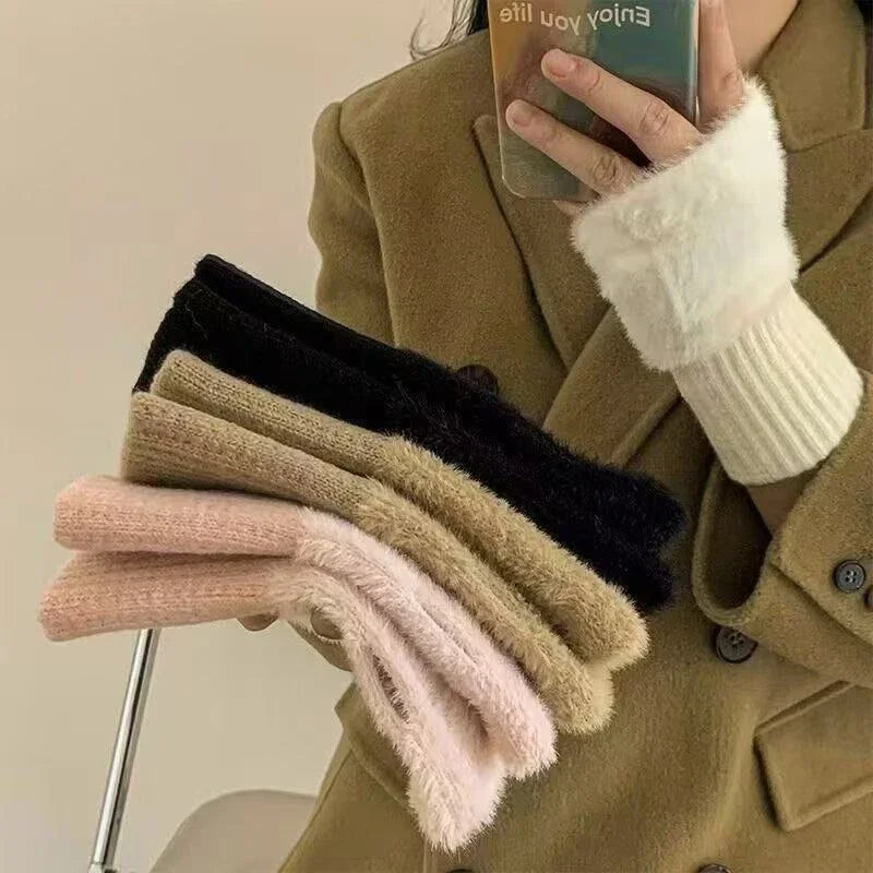 1PC- Warm and Cold-proof Half-finger Gloves for Women in Autumn and Winter, Versatile and Plush, Cute Office Half-finger Gloves