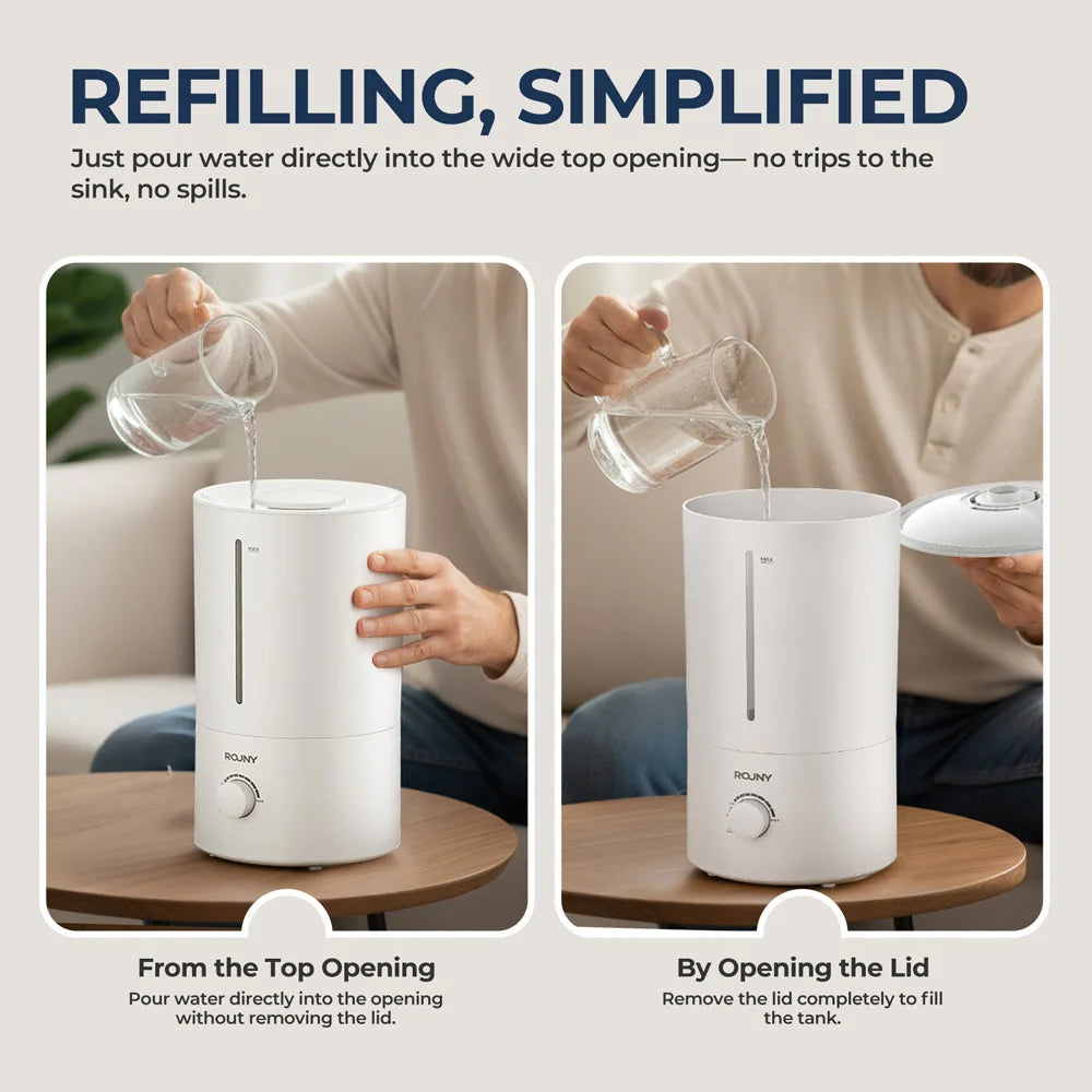 ROUNY Air Humidifier, 4L Large Capacity Ultrasonic Humidifier with Low Water Protection, 360° & Quiet & BPA-Free, White