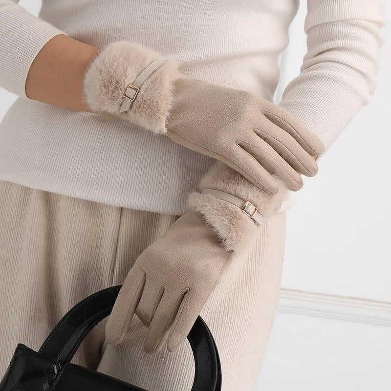 Women's Winter Gloves with Fleece Lining, Warm, Windproof, Cold-Resistant, Plush Decoration, Touchscreen Compatible, Suitable fo