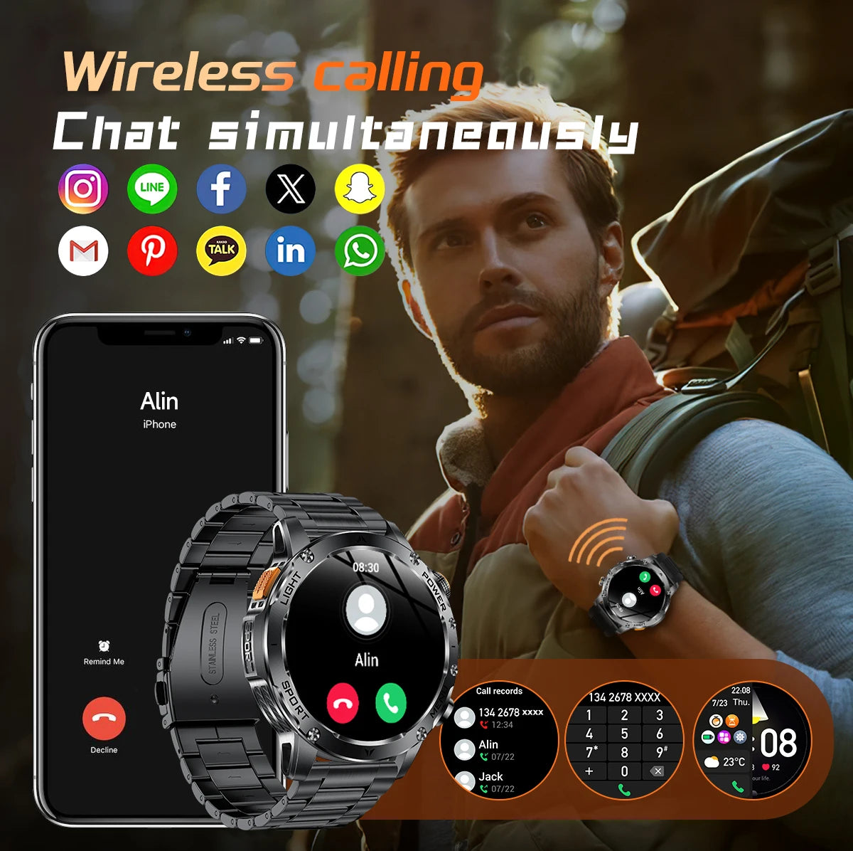 LIGE New GPS Outdoor Sports Smart Watch Men AMOLED Screen LED Flashlight Heart rate Waterproof Bluetooth Call 1000mAh Smartwatch