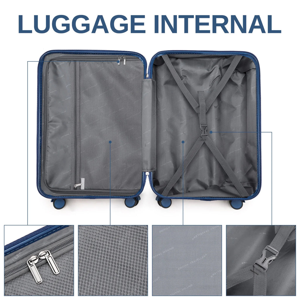 British Traveller Lightweight Hard Shell Suitcase ABS+PC, 20/24/28 inches, 4 spinner wheels with combination lock