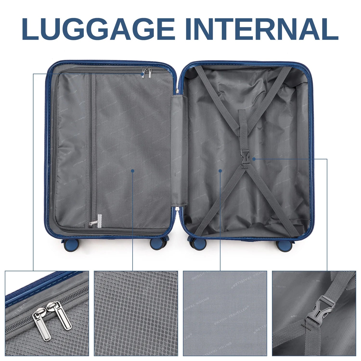 British Traveller Lightweight Hard Shell Suitcase ABS+PC, 20/24/28 inches, 4 spinner wheels with combination lock