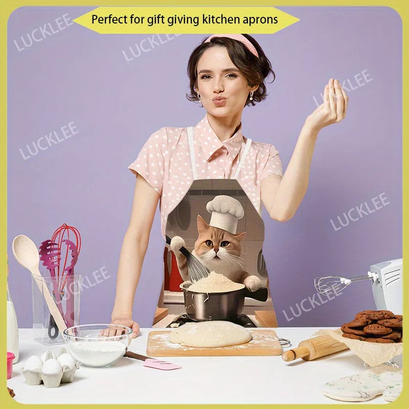 Funny Cat Chef Apron, Realistic Cooking Cat Print Kitchen Bib, Animal Lover Gift, Waterproof Baking Apron for Home & Restaurant