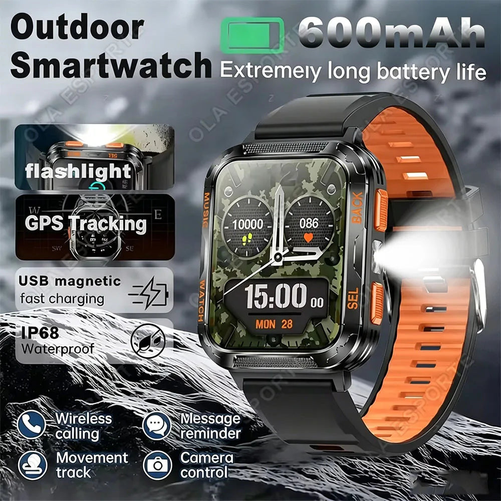 2026 New Military-grade Smart Watch Men GPS Flashlight 3ATM Waterproof Watch Bluetooth Call 100+Sport Outdoor Smartwatch Pk HW12