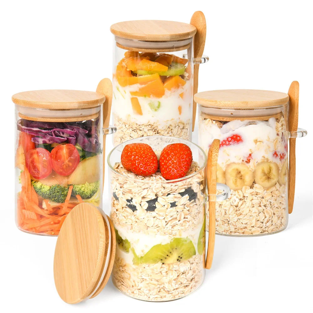 Overnight Oats Containers with Lid 1/2/3/4pack 16oz Airtight Glass Jars with Spoon for Chia Seed Pudding Salad Cereal Coffee Tea