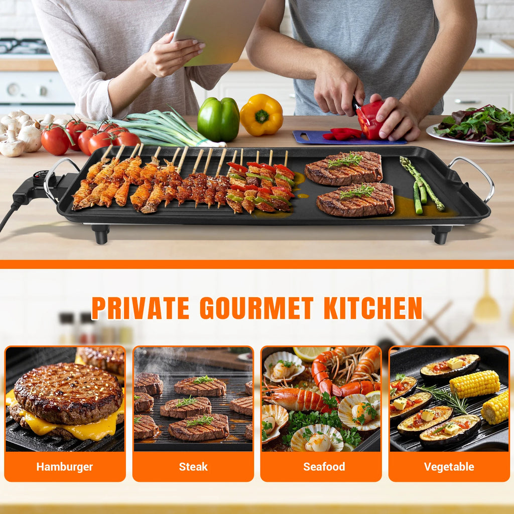 Electric Large Teppanyaki Grill Table Top Smokeless Grill, Portable BBQ Barbecue Griddle Non-stick Hot Plate with Adjustable Thermostat 1500W for Family Party Camping