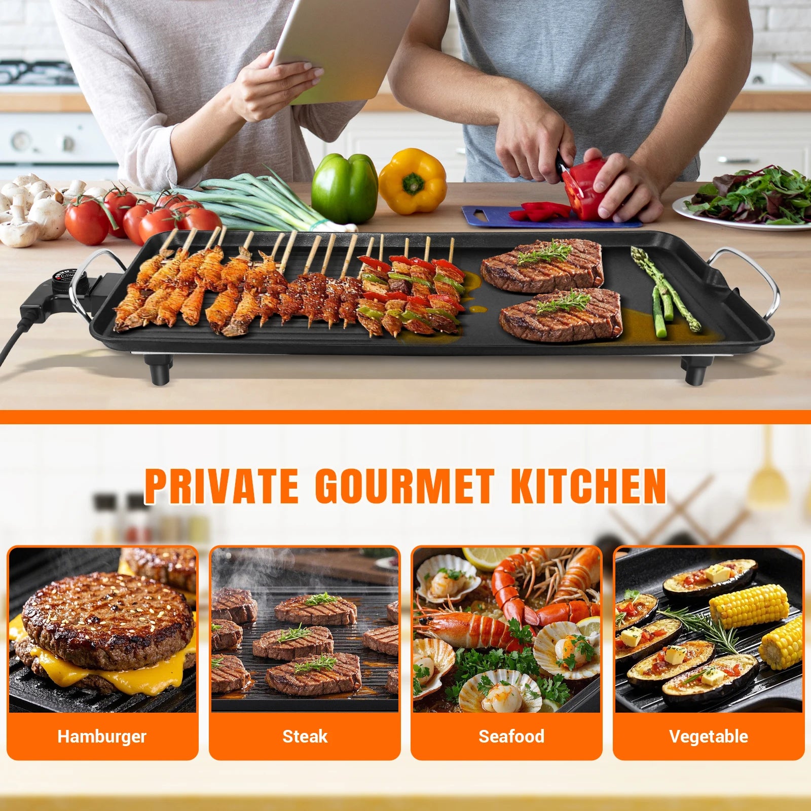 Electric Large Teppanyaki Grill Table Top Smokeless Grill, Portable BBQ Barbecue Griddle Non-stick Hot Plate with Adjustable Thermostat 1500W for Family Party Camping
