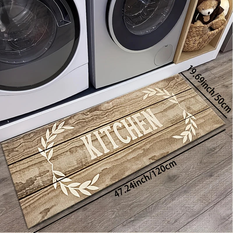 Rustic Wood Grain "KITCHEN" and Laurel Wreath Print Kitchen Mat, Non-Slip Washable Durable Runner Rug for Kitchen Decor