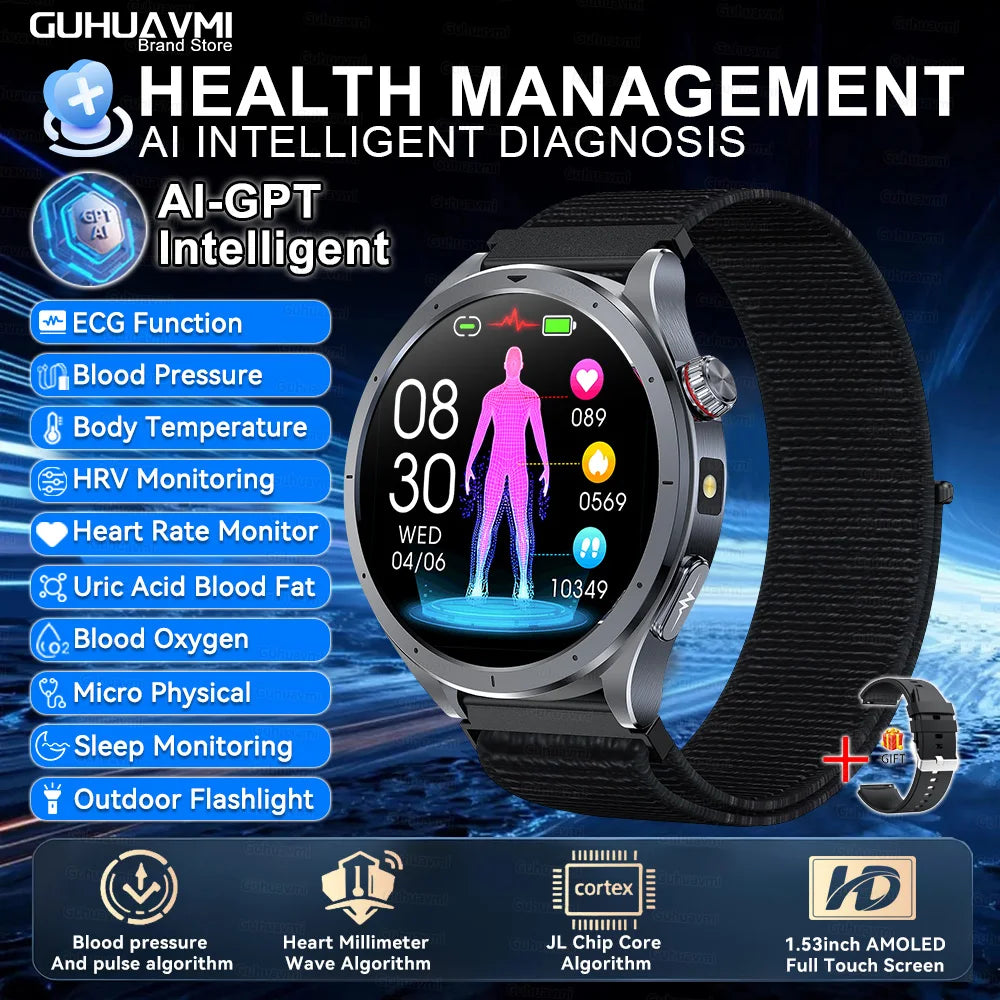 2026 New Body Fat Analysis Health Smart Watch ECG+PPG Uric Acid Blood Pressure Blood Oxygen Clock Call Smart Watch For Men Women