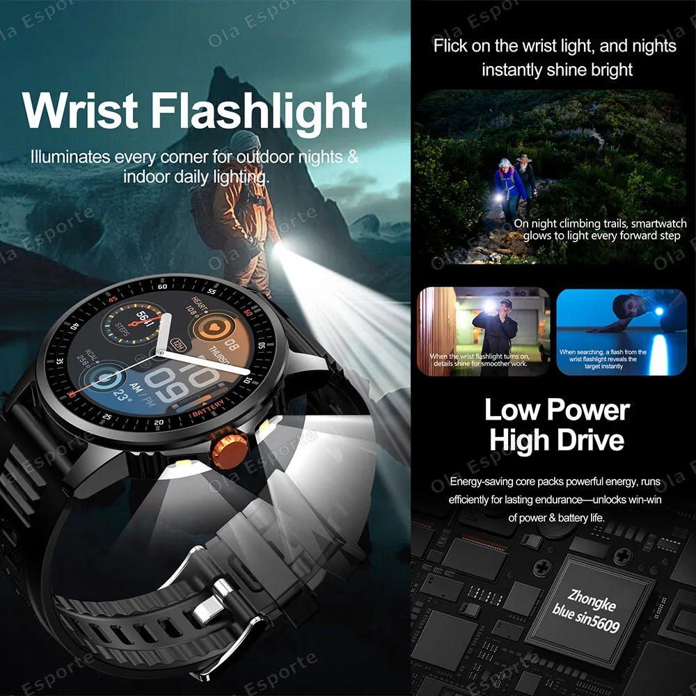 2025 New Men's GPS Sports Smart Watch 1.53'' AMOLED Display LED Flashlight Heart Rate Bluetooth Call 5ATM Waterproof Smartwatch