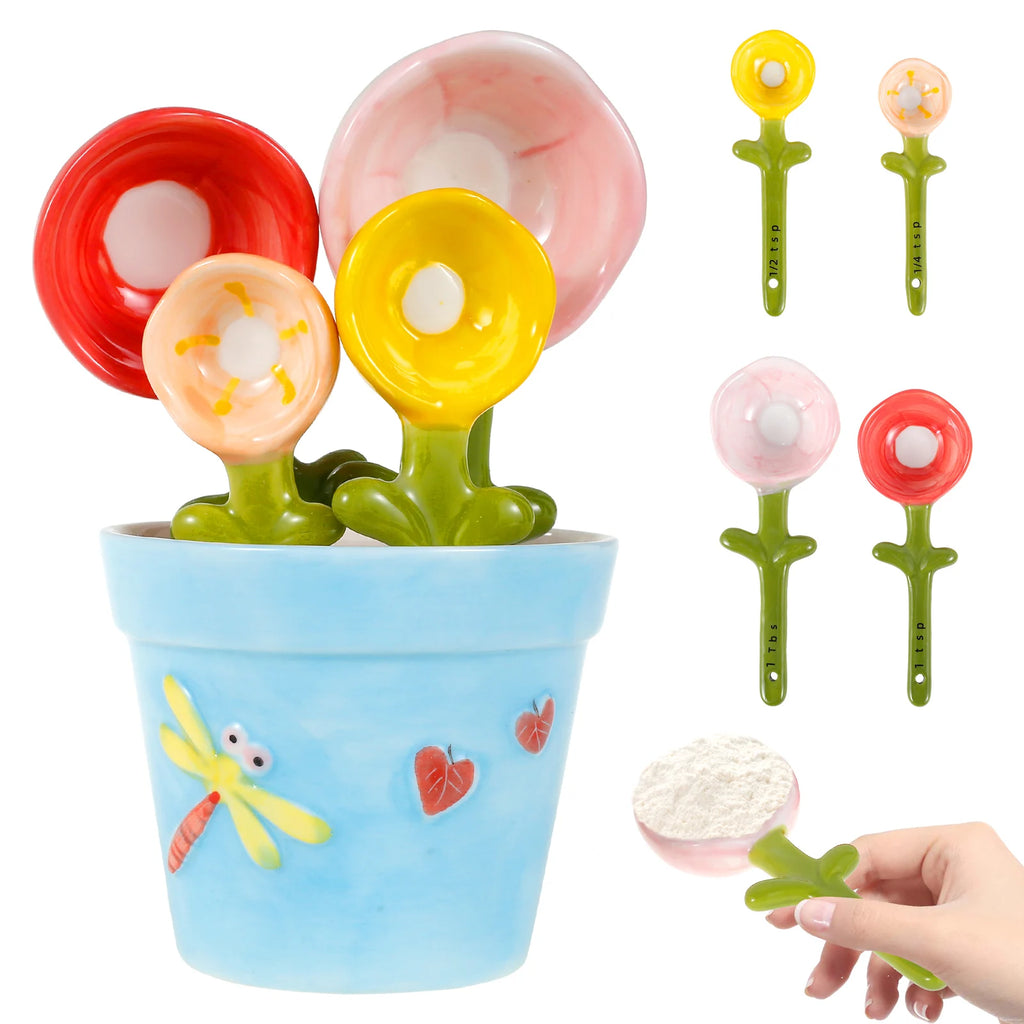 4Pcs Porcelain Measuring Spoons Set with Base Cute Cactus Shape Stirring Soup Spoon Ceramic Flower Pot Measuring Spoon