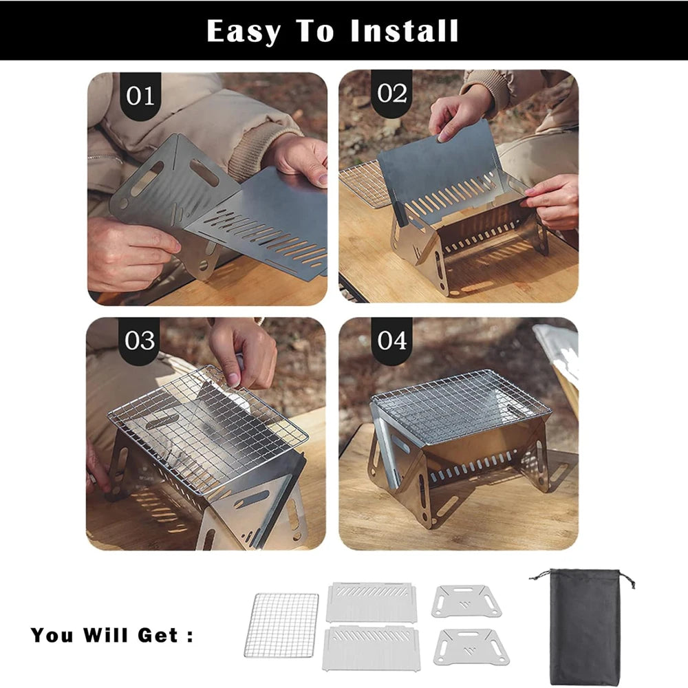 Backpacking Stove Folding Stainless Steel Charcoal Grill BBQ Wood Burning Camp Stove for Hiking Picnic Garden Backyard Cooking