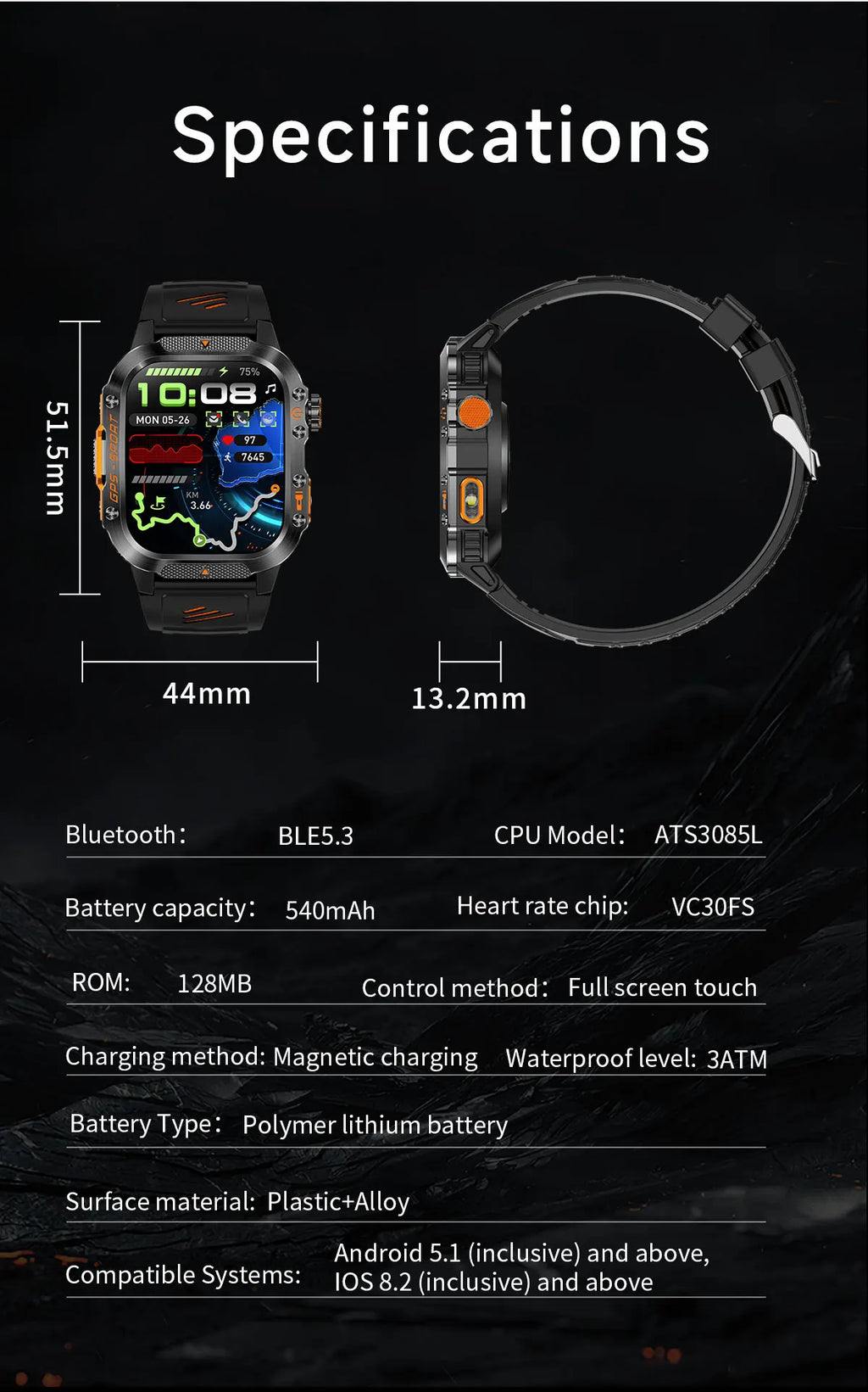 New Military Smartwatch Real GPS Compass Outdoor Smart Watch 3ATM Waterproof Sports Watches for Man Woman Electronics Clock 2025