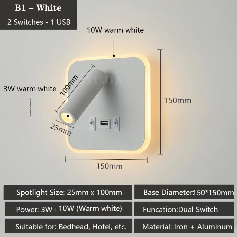 Contemporary Multifunctional LED Wall Sconce with Switch Modern Adjustable Reading Lamp USB Charging Ports for Bedrooms Offices