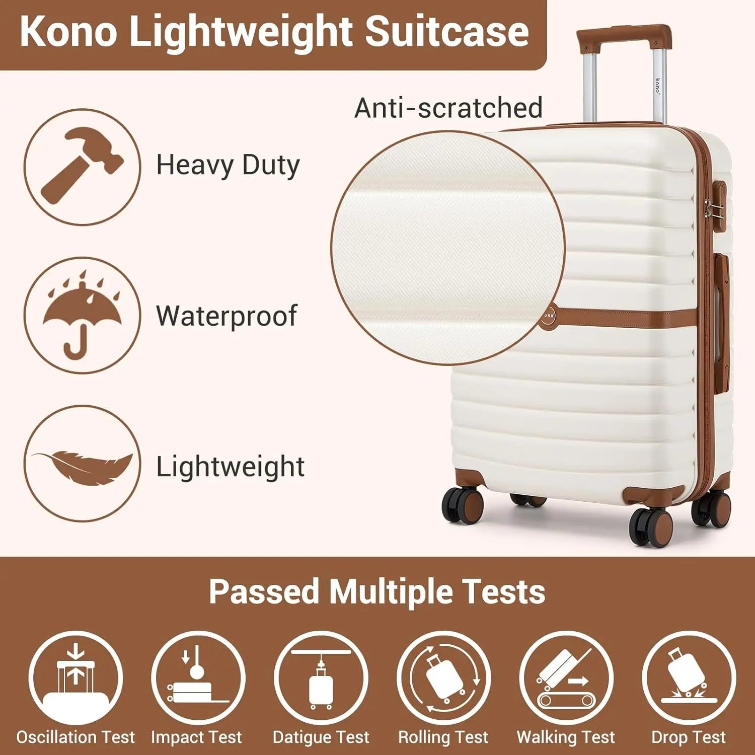 Kono 20/24/28 Inch Optional ABS+PC Hard Shell Luggage, Lightweight Carry On Trolley Suitcase with TSA Combination Lock, Silent 360° Spinner Wheels for Business Holiday Travel