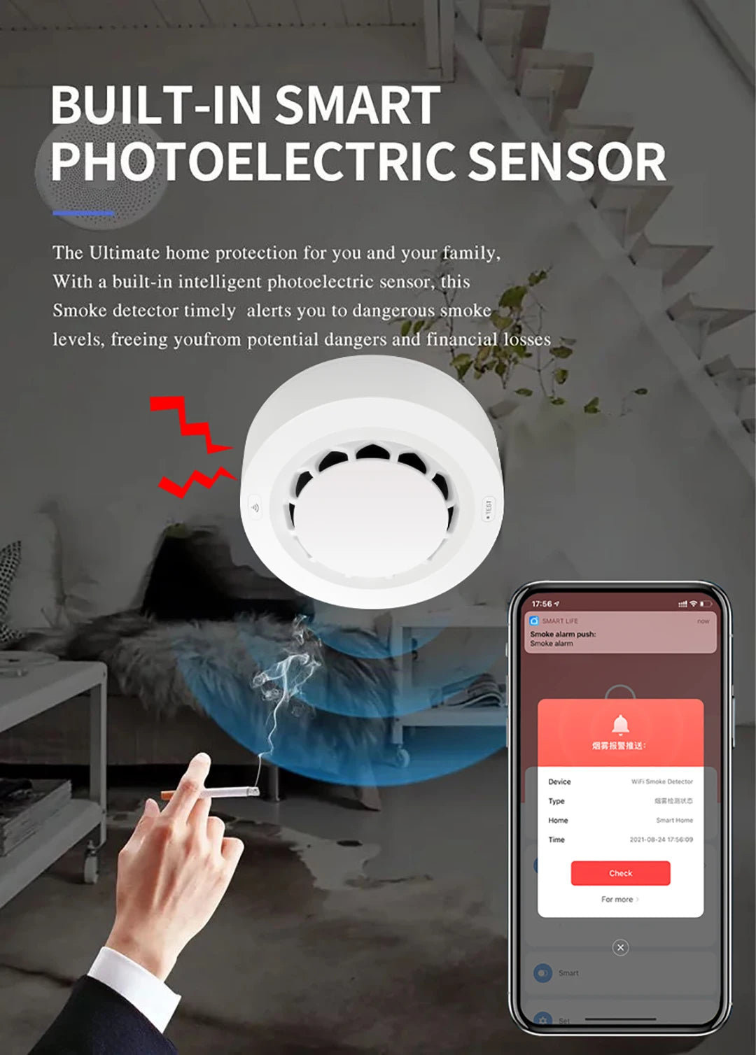 WiFi Smoke Sensor Tuya Smoke Detector Photoelectric Sensor Fire Alarm Home Kitchen Security System Work With Smart Life APP