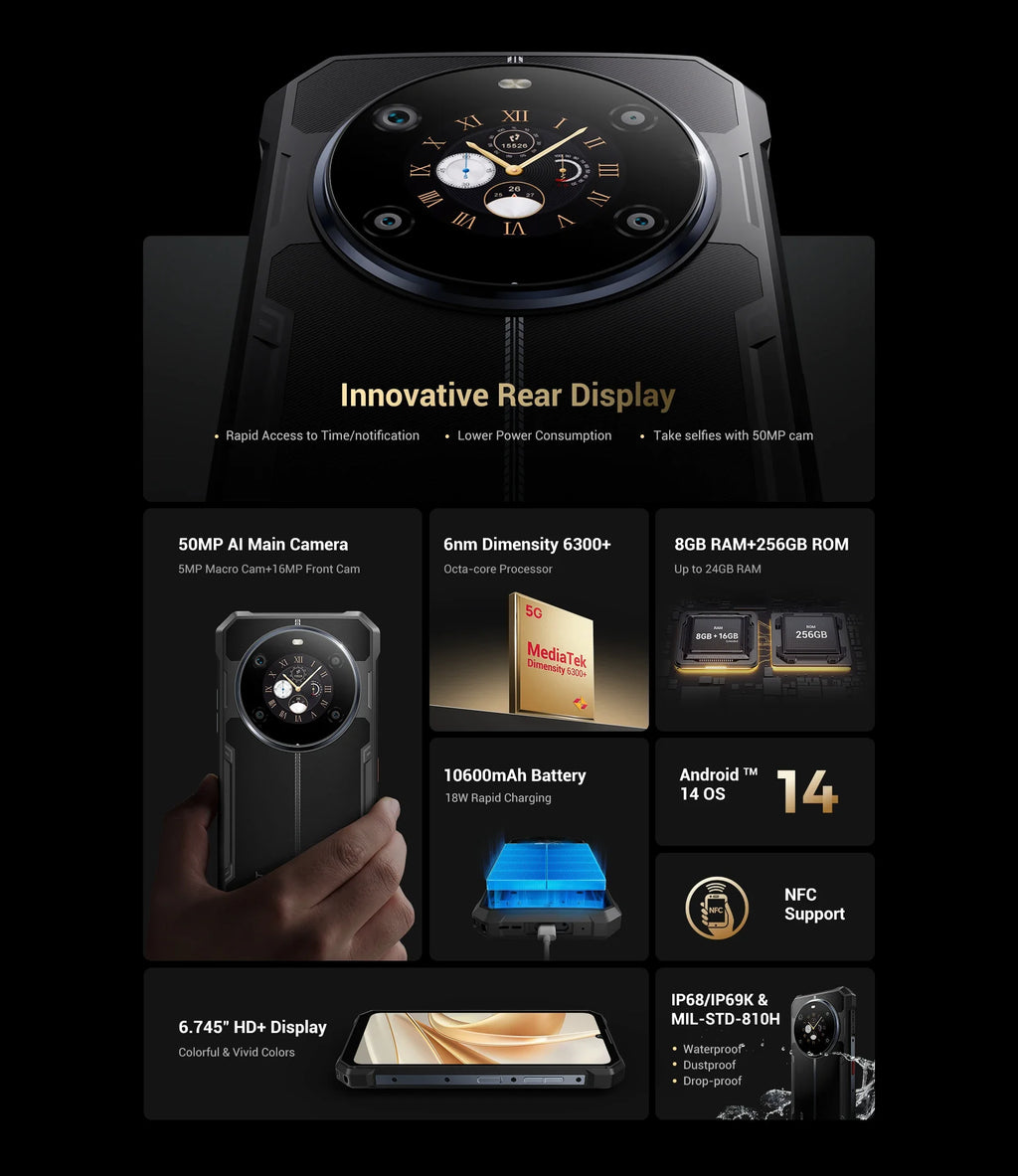 Fossibot F109 Smartphone 8GB 256GB 5G Rugged Phone 10600mAh 6.745" Display 50MP Camra Dual Screen Face Unlock Android 14 NFC
