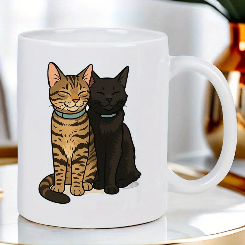 Cute Cat Duo Ceramic White Mug - Perfect Gift for Cat Lovers, Hand Wash Only, Reusable, Multipurpose Use, No Electricity Needed,