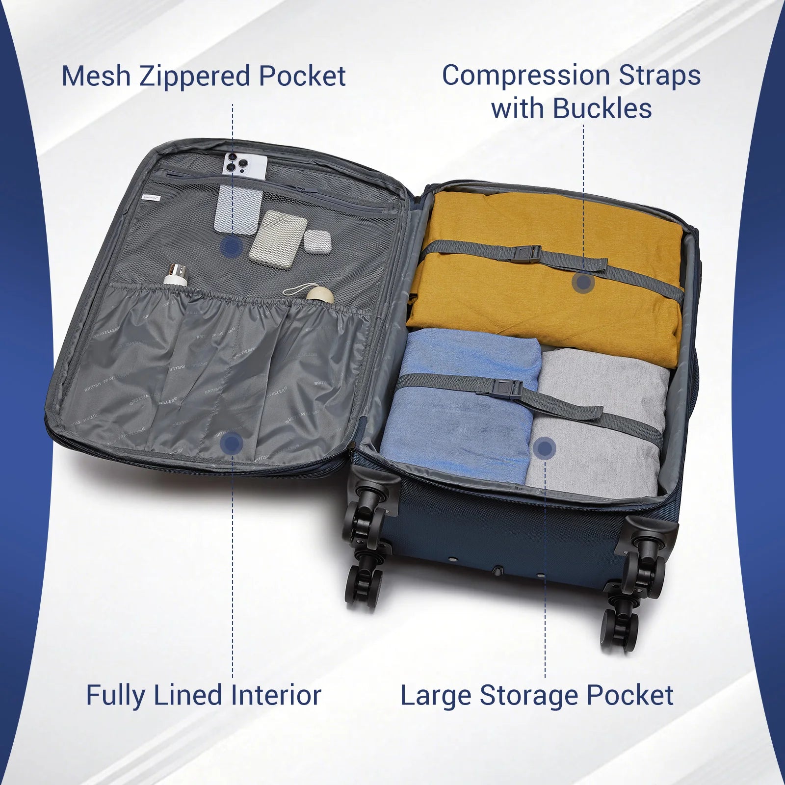 British Traveller - Suitcase Adjustable Handle, 4 Spinner Wheels, Lightweight, TSA Lock - Recycled Polyester Luggage （S/M/L)