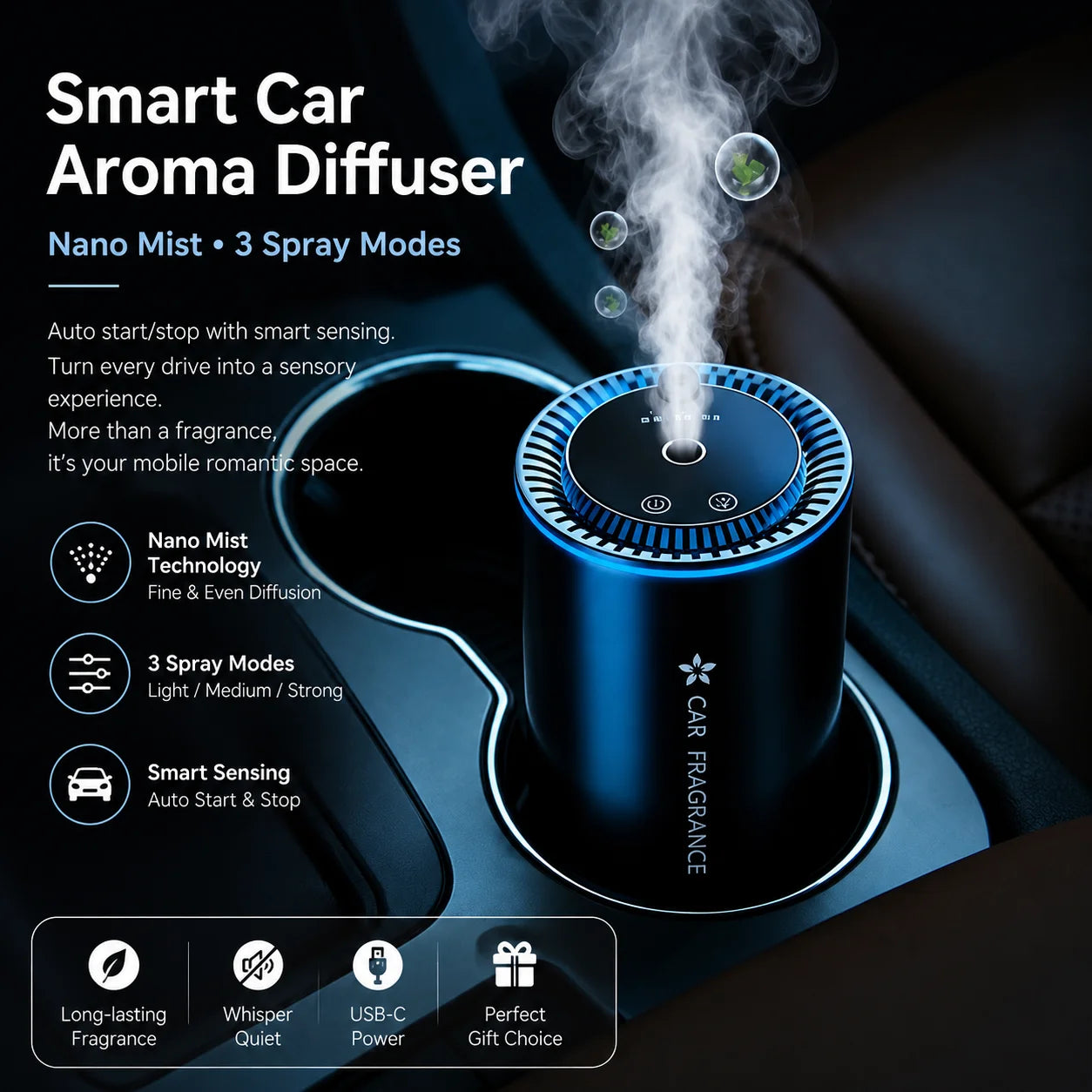 Smart car diffuser, car air freshener, car fragrance, car diffuser, car perfume, nano-level atomization brings a brand new scent experience, intelligent sensing automatic start and stop, the best gift for family and friends,