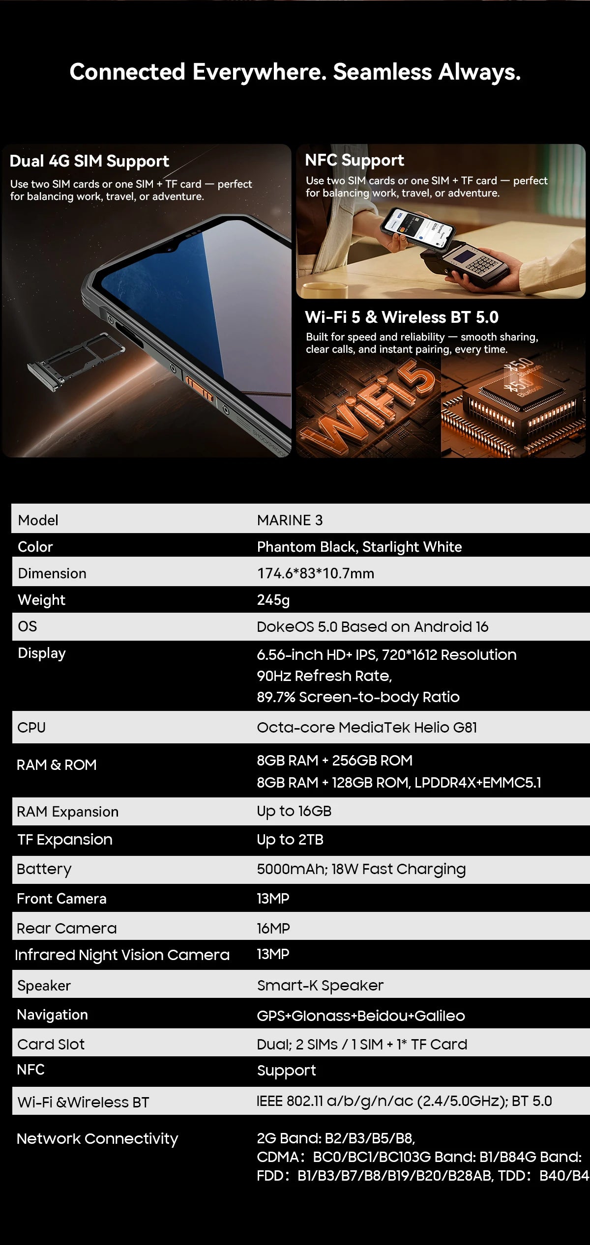 OSCAL MARINE 3 Rugged Smartphone Android 16, 6.56" HD+ Display 90Hz Helio G81 4GB Phone, 13MP+16MP Camera 5000mAh Mobile
