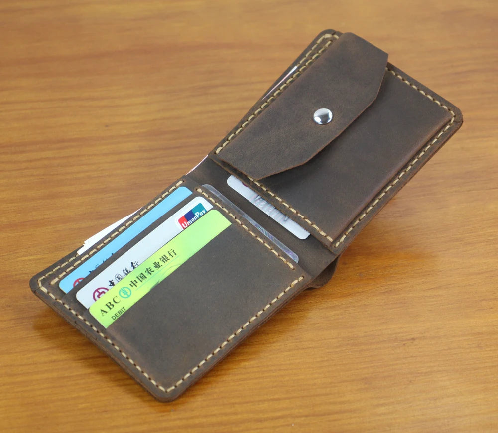 Luxury Handmade Genuine Leather Men Wallet Bifold Purse Male Wallets Short Money Clip Vintage Leather Money Bag with zip pocket