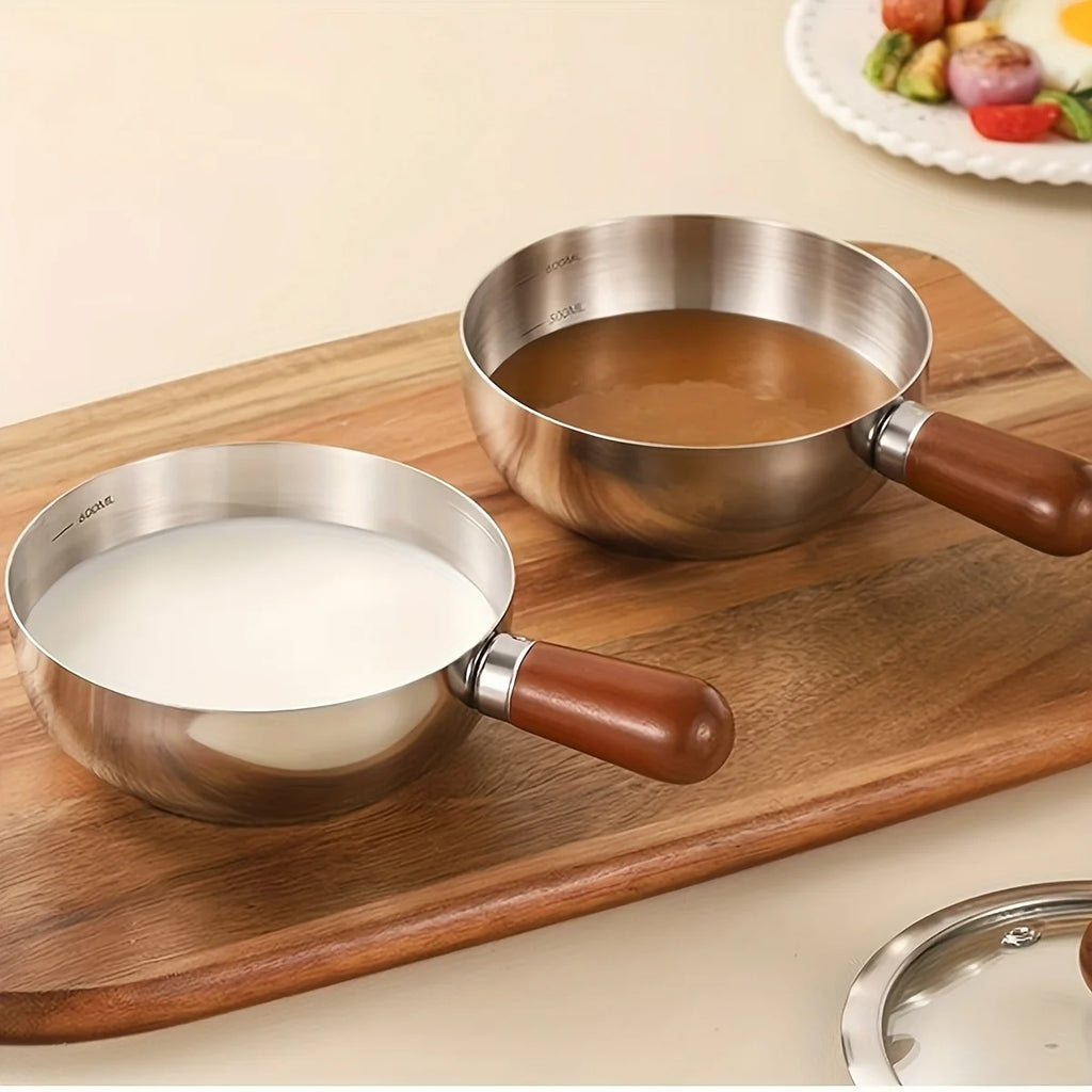 1pc Stainless Steel Pot with Heat-Resistant Wooden Handle - Induction Compatible, Non-Slip Base, Even Heat Distribution Milk Pot