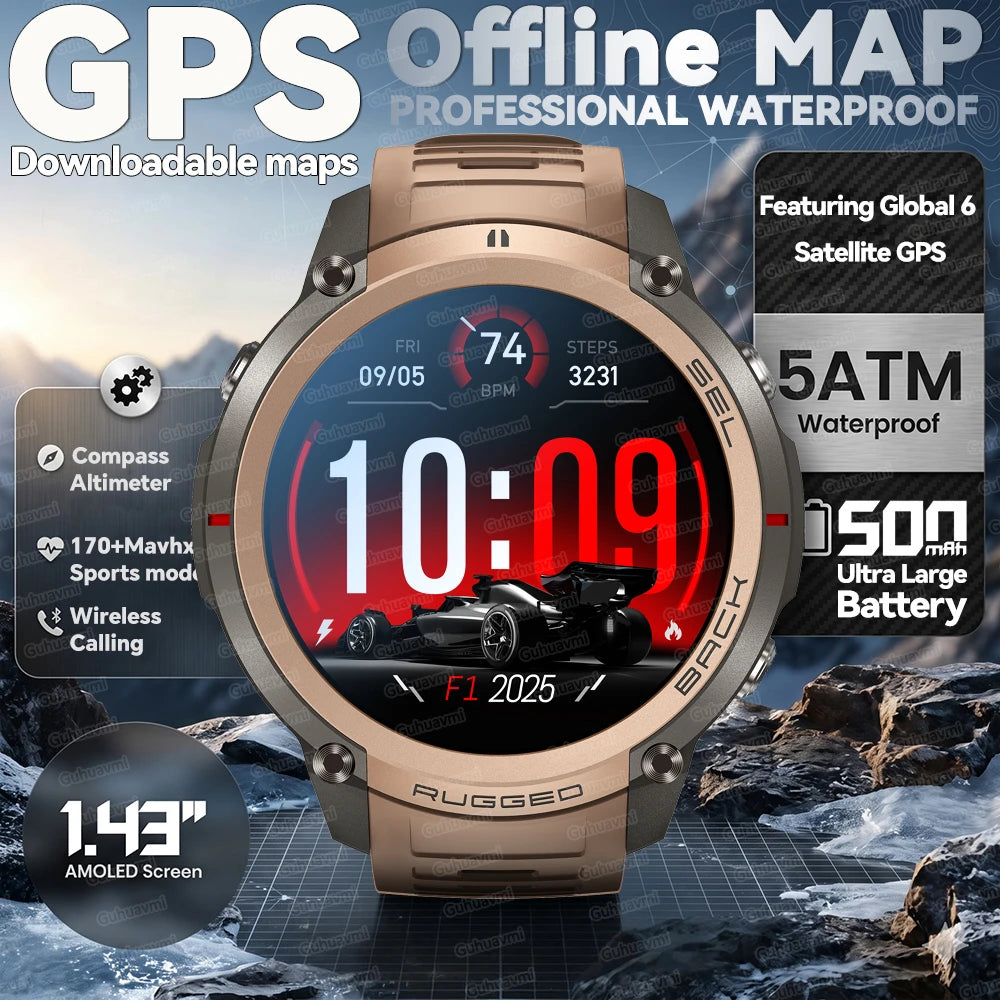 2026New Outdoor GPS Smart Watch Offline Maps Download Compass Tracking 5ATM Waterproof Tactics Sport Smart Bracelet For Men gift