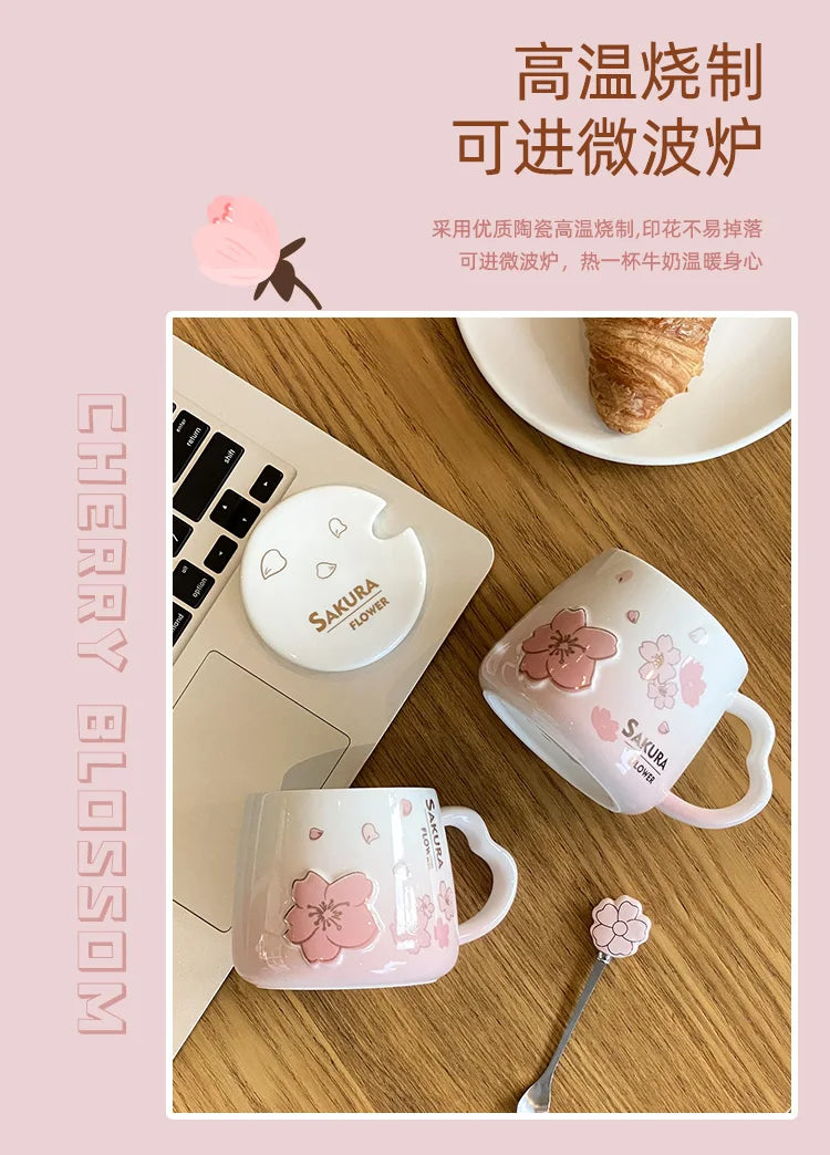 New High Beauty Mug with Lid Spoon Sakura Powder Household Lovely Breakfast Lovers Milk Coffee Mug Ceramic Mug