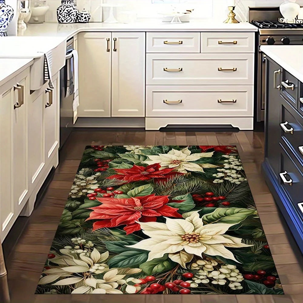 1pc Poinsettia Christmas Decorative Area Mat  Crystal Velvet,  Thick, Large Size  Vibrant Red & White Flo
