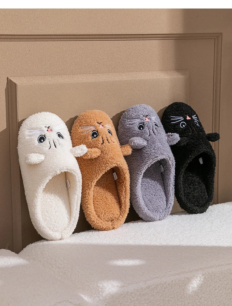 Cute Cat Design Plush Ladies Slippers Autumn And Winter Indoor Floor Non-Slip Soft Bottom Comfortable Warm Home Shoes for Unisex