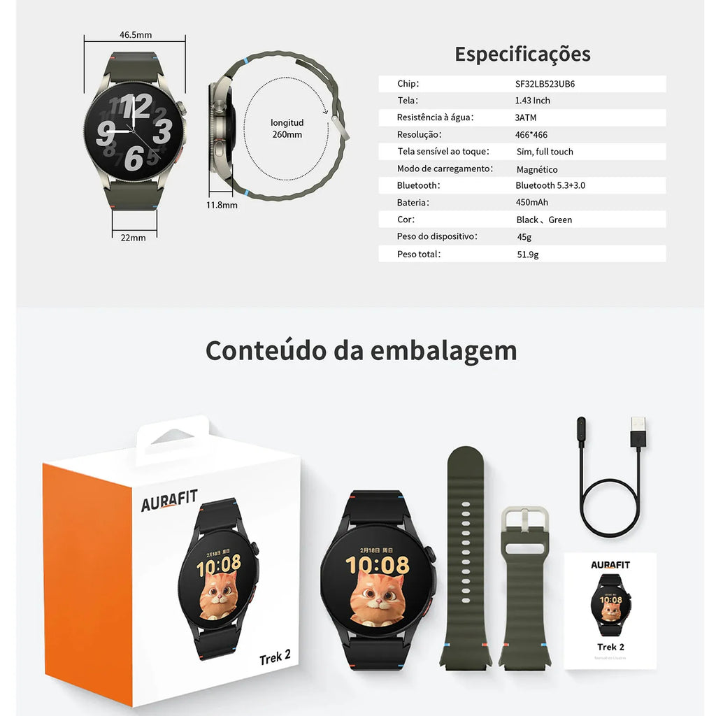 AURAFIT Trek2: Reloj intelligent con AMOLED y Gran battery of 450mAH. Mide heart rate, hace llamades, GPS y es impermeable.
