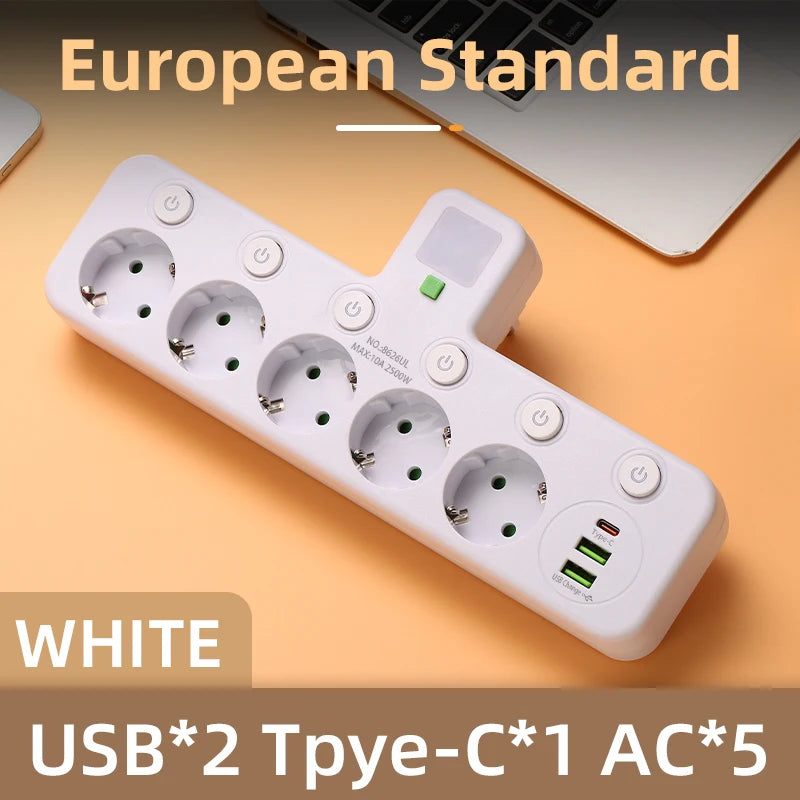 EU Plug Outlet 4 Sockets Multitap Wall Power Strip Electrical Socket 2 USB 1 Type-C Ports No Extension Cord with 2500W MAX Power