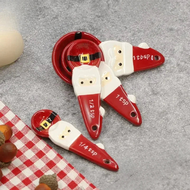 4pcs Christmas Measuring Spoons Set, 3D Hand-painted Ceramic Bowl Measuring Cup, Baking DIY Cake Flour Kitchen Accessories Gift