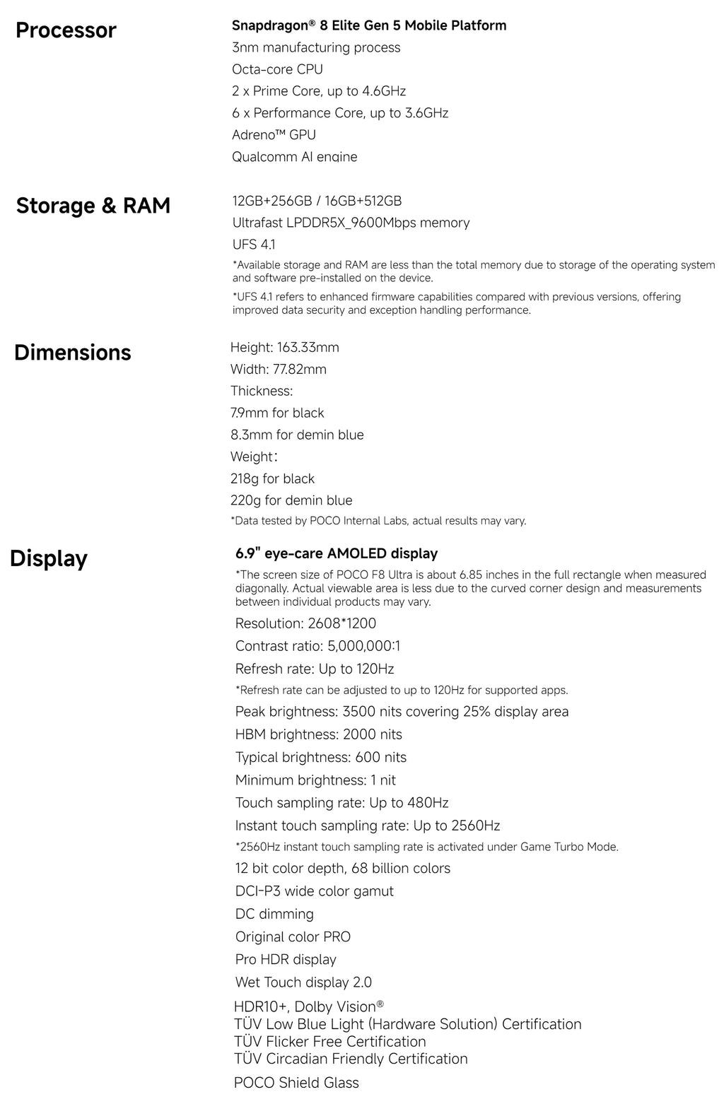 Xiaomi POCO F8 Ultra 5G, 12+256GB Global Version, Dual eSIM 3nm Snapdragon® 8 Elite Gen5 Mobile Platform 6.9" 120Hz Eye-care AMOLED Display 50MP 6500mAh 100W NFC