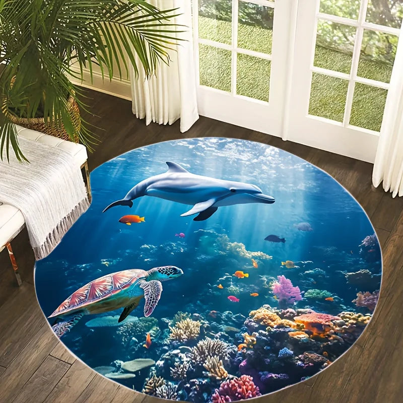 Underwater Ocean Round Rug Flannel Printed Carpet Sea Life Design Home Decor Cozy Soft Floor Mat Living Room Indoor Use