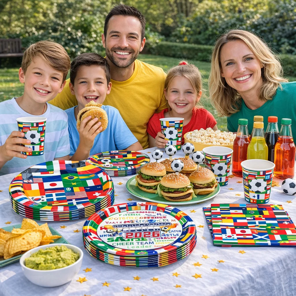 World Football 2026 Soccer Party Supplies Tablewear with International Flags Paper Plates, Cups Napkins Set for Football Party