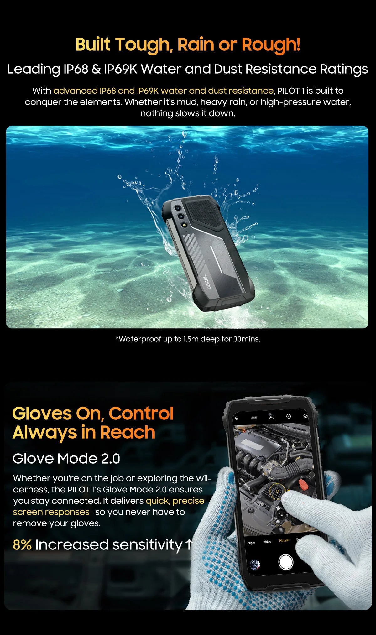 Blackview OSCAL PILOT 1 Rugged Phone 6.67" 90Hz IPS Display 6GB+256GB Android 14 Outdoor Smartphone with LED Flashlight GPS/NPC