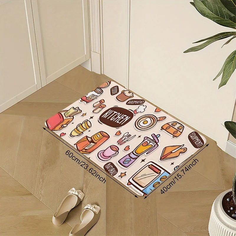 Cute Cartoon "KITCHEN" Appliances & Food Print Kitchen Mat, Non-Slip Washable Durable Runner Rug for Kitchen & Kids' Home Decor