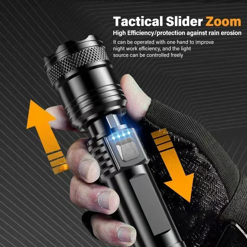 Tactical LED Flashlight 2000LM USB Rechargeable Waterproof Grade Zoom Torch Bright Portable Emergency Light for Camping Outdoor