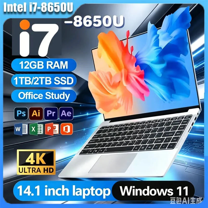2026 New 14.1" Ultra Thin Laptop Intel Core i7-8650U Win11 DDR4 16GB/32GB RAM 2TB SSD Portable Business Office Notebook