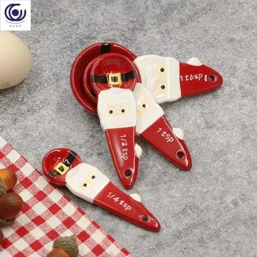 4pcs Christmas Measuring Spoons Set, 3D Hand-painted Ceramic Bowl Measuring Cup, Baking DIY Cake Flour Kitchen Accessories Gift