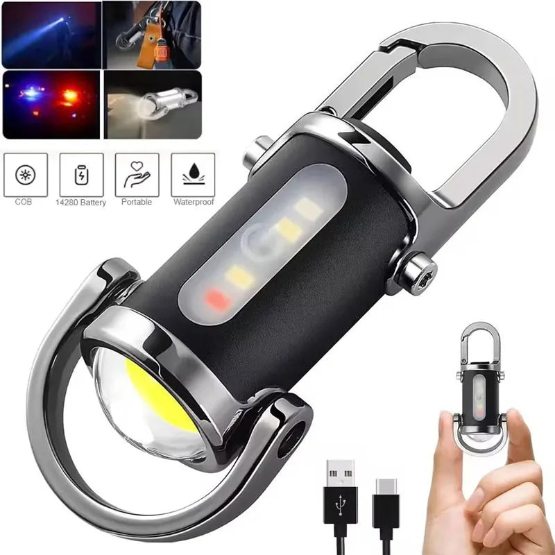 Mini Keychain Flashlight Rechargeable Pocket COB Working Light Outdoor Hook Emergency Warning Light for Camping Walking Hiking