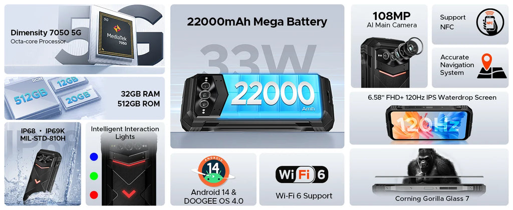 DOOGEE V Max Pro 5G Rugged Phone Dimensity 7050 6.58'' 120Hz 22000mAh Large Battery 12GB+512GB Lighting Effect 5g Smartphone
