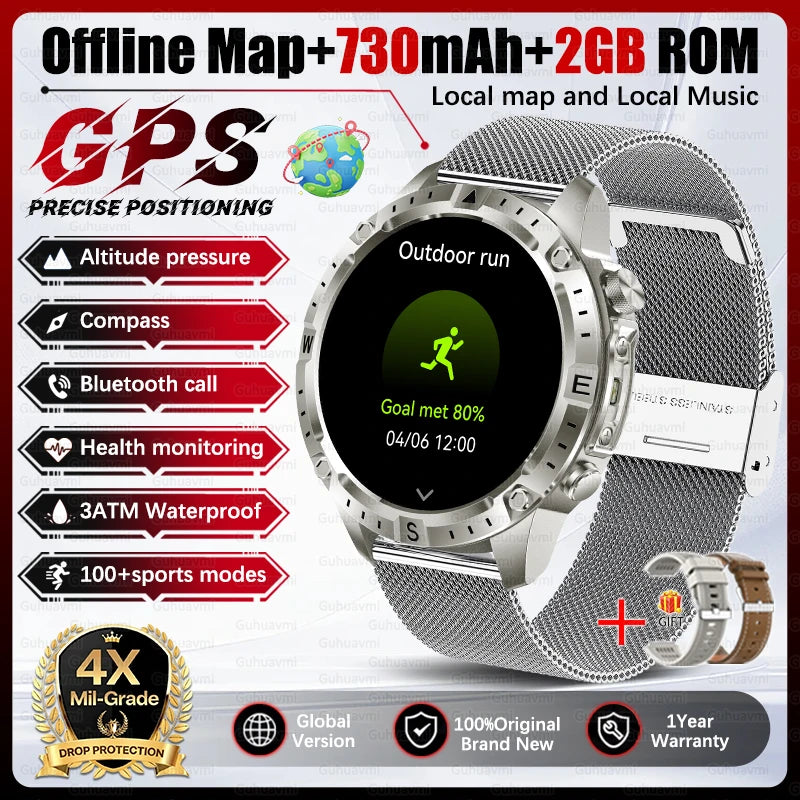 2026 Outdoor GPS Smart Watch Men 2GB ROM Offline Map 730mAh Battery 3ATM Waterproof Compass Altimeter Health Monitor Smartwatch