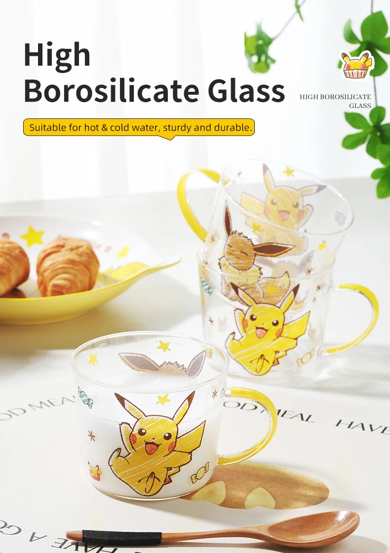 SHUNXIANG Pokémon Pikachu Glass Mugs Milk Cup Cute Drink Tableware Coffee Cup Kawaii  Transparent Water Cup with Handle Gift