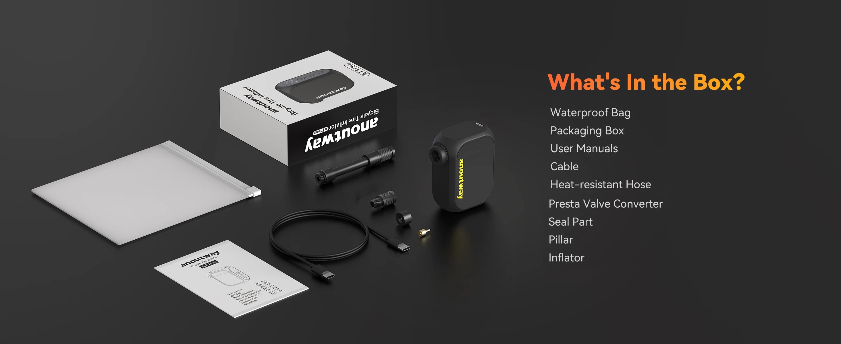 anoutway AT1 Pro Mini Electric pump for Bike Cordless Tire Inflator with Screen 25 Mins Fast Charging 120PSI Max 450mAh Battery