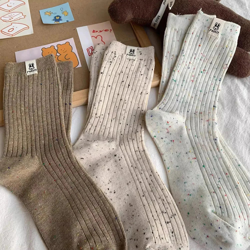 4 Pairs Women Cartoon Print Mid Tube Socks Fashionable Spring Summer Sweat Absorbing Breathable Soft Comfortable Casual Socks