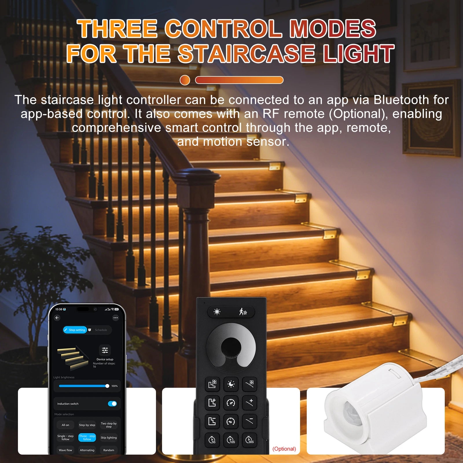 Intelligent Motion Sensor Stair Light Kit, Smart Bluetooth APP Remote Control, Dynamic & Constant Lighting for Indoor Staircase
