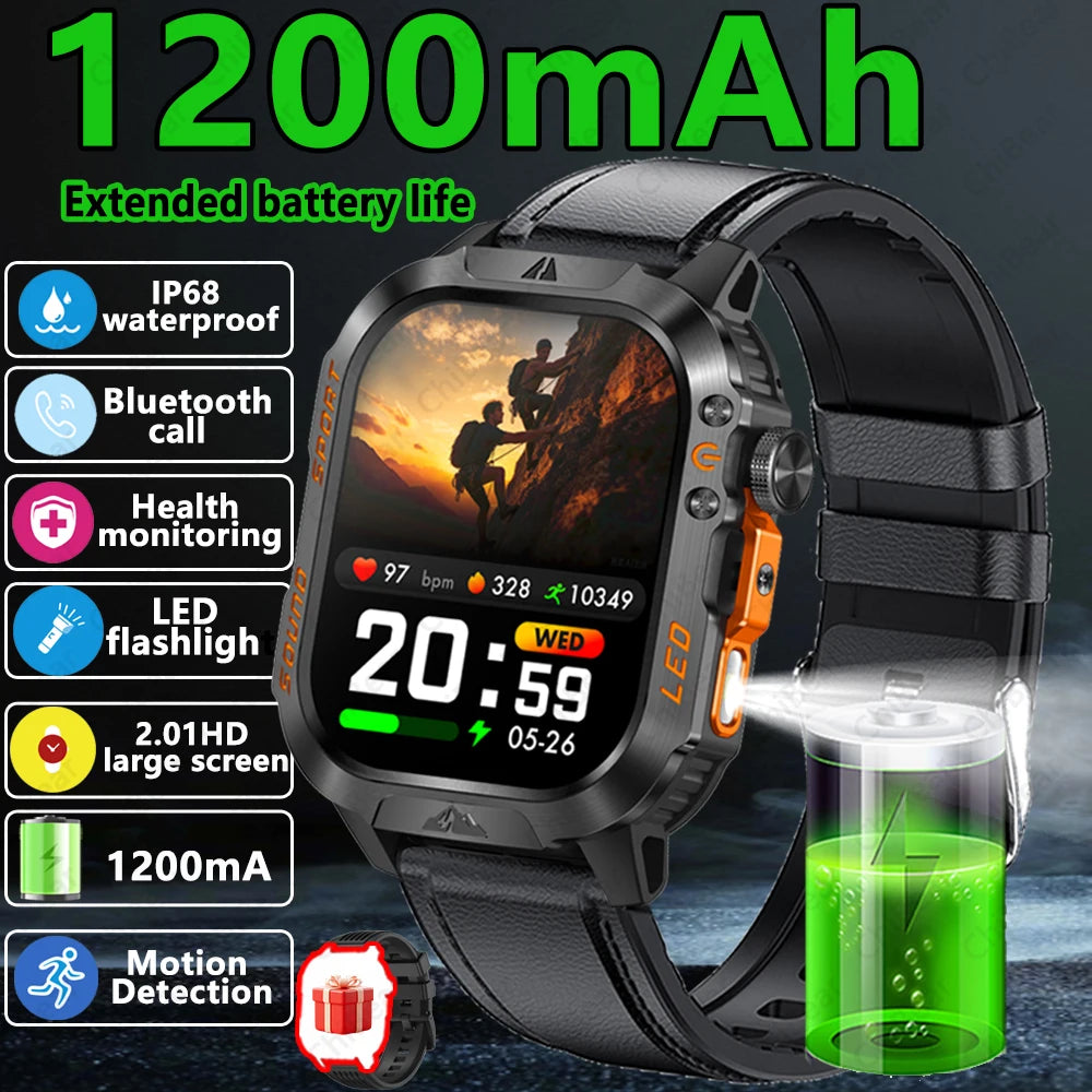 2026 New Outdoor Military Smart Watch 1200mAh Battery GPS HD Call Health Monitoring 2.01-inch Waterproof Sports Smartwatch Men